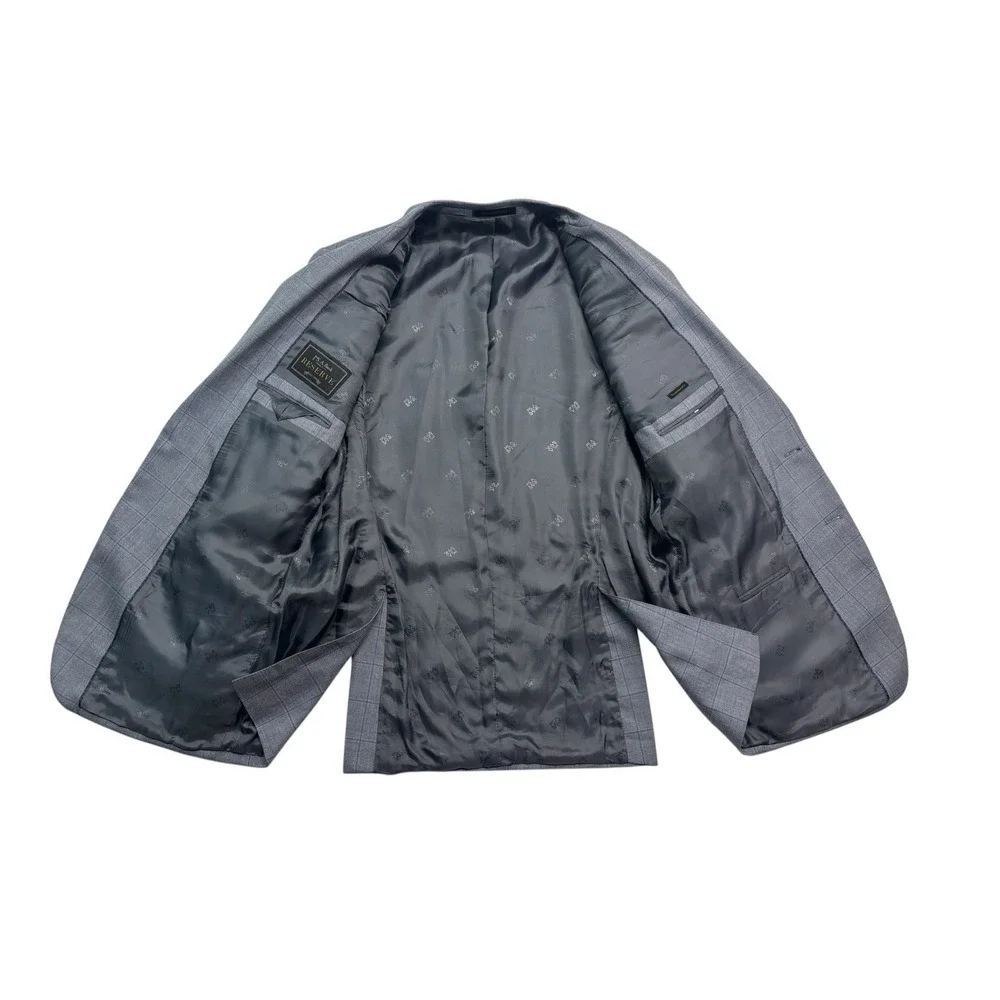 Jos A Bank 44L Gray Blue Windowpane‎ Silk Wool Blazer Jacket Sport Coat Reserve